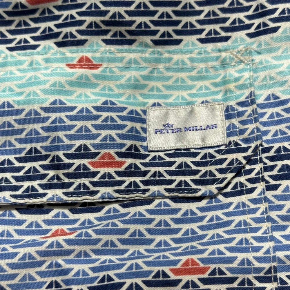 Peter Millar Swim Trunks Boat Print Drawstring Swim Shorts Blue Mens‎ Sz L *READ